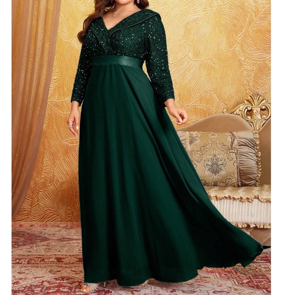 Plus Sequin V neck Party Evening Formal Wedding Flowy Dress - Picture 4 of 11